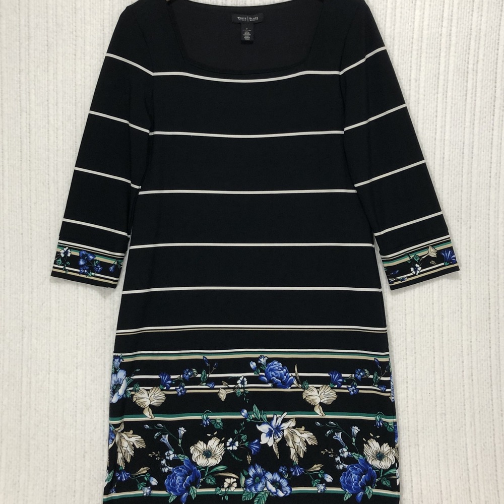 White House Black Market Black Striped Floral Border Sheath Dress Medium 3/4 Slv